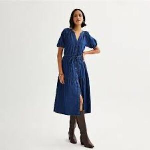 Sonoma Chambray Navy Blue Midi Button Down Dress with Tie Waist Size PXL